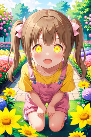 loli hypnotized, happy_face, yellow eyes, brown hair, front_view, twin_tails, flowers garden, yellow shirt, pink overalls, crouched