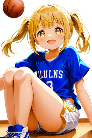 loli, happy_face, yellow hair, down_view, twin_tails, yellow_eyes, basketball, blue shirt, white shorts,  sitting_down