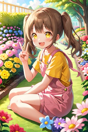 loli hypnotized, happy_face, yellow eyes, brown hair, side_view, twin_tails, flowers garden, yellow shirt, pink overalls, sitting, peace fingers, sticking_out_tongue