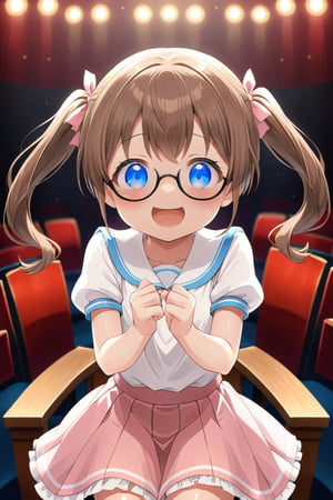 loli, brown hair, happy_face, front_view, twin_tails, blue_eyes, theather, white shirt, pink skirt, black glasses, lolling