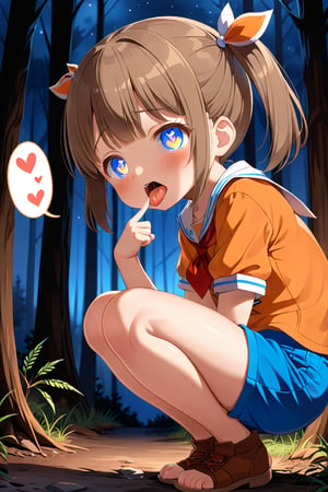 loli, cum face, sideview, twin tails, brown hair, night forest, scout , orange shirt, blue shorts, looking_at_viewer, heart_shaped_pupils, sticking_out_tongue, squatting