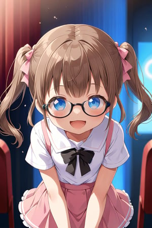 loli, brown hair, happy_face, front_view, twin_tails, blue_eyes, theather, white shirt, pink skirt, black glasses, :p