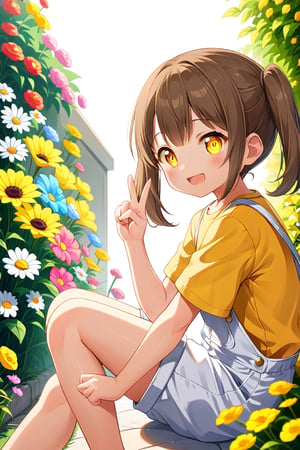 loli hypnotized, happy_face, yellow eyes, brown hair, side_view, twin_tails, flowers garden, yellow shirt, white overalls, sitting, peace fingers