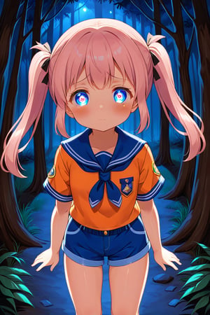 loli, sad face, front view, twin tails, pink hair, night forest, scout , orange shirt, blue shorts, looking_at_viewer, heart_shaped_pupils, 