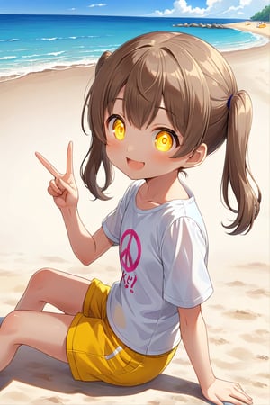 loli hypnotized, happy_face, yellow eyes, brown hair, side_view, twin_tails, beach, white shirt, yellow short pants, sitting, peace fingers