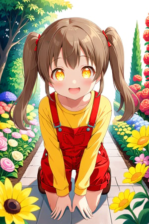 loli hypnotized, happy_face, yellow eyes, brown hair, front_view, twin_tails, flowers garden, yellow shirt, red overalls, crouched