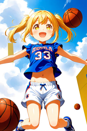 loli, happy_face, yellow hair, down_view, twin_tails, yellow_eyes, basketball, blue shirt, white shorts, jumping