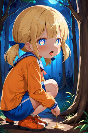 loli, cum face, sideview, twin tails, yellow hair, night forest, scout , orange shirt, blue shorts, looking_at_viewer, heart_shaped_pupils, sticking_out_tongue, squatting