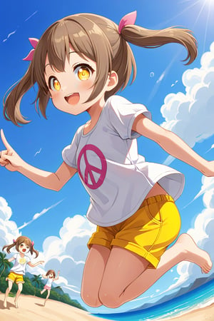 loli hypnotized, happy_face, yellow eyes, brown hair, side_view, twin_tails, beach, white shirt, yellow short pants, jumping, peace fingers