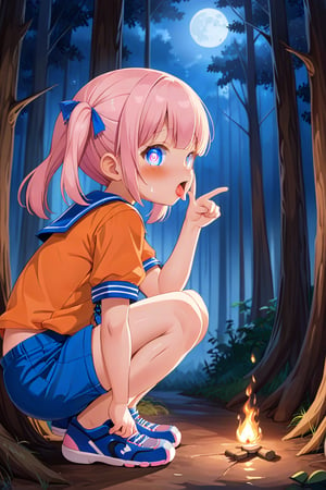 loli, cum face, sideview, twin tails, pink hair, night forest, scout , orange shirt, blue shorts, looking_at_viewer, heart_shaped_pupils, sticking_out_tongue, squatting