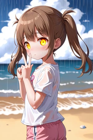 loli hypnotized, sad_face, yellow eyes, brown hair, side_view, twin_tails, rain beach, white shirt, pink short pants, peace fingers