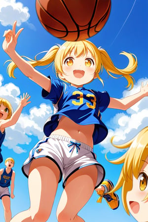 loli, happy_face, yellow hair, down_view, twin_tails, yellow_eyes, basketball, blue shirt, white shorts, jumping