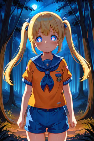 loli, sad face, front view, twin tails, yellow hair, night forest, scout , orange shirt, blue shorts, looking_at_viewer, heart_shaped_pupils, 