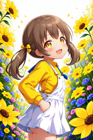 loli hypnotized, happy_face, yellow eyes, brown hair, side_view, twin_tails, flowers garden, yellow shirt, white overalls, 