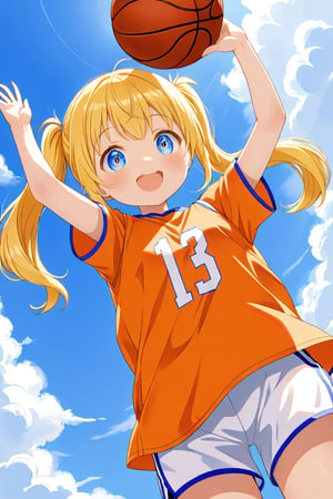 loli, happy_face, yellow hair, down_view, twin_tails, blue_eyes, basketball, orange shirt, white shorts, 