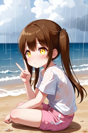loli hypnotized, sad_face, yellow eyes, brown hair, side_view, twin_tails, rain beach, white shirt, pink short pants, sitting, peace fingers