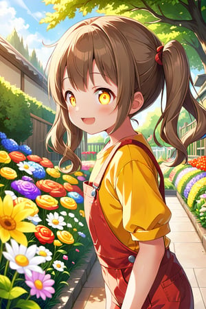 loli hypnotized, happy_face, yellow eyes, brown hair, side_view, twin_tails, flowers garden, yellow shirt, red overalls, 
