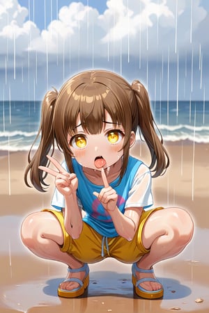 loli hypnotized, sad_face, yellow eyes, brown hair, front_view, twin_tails, rain beach, white shirt, yellow short pants, squatting, sticking_out_tongue, peace fingers