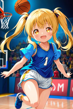 loli, happy_face, yellow hair, front_view, twin_tails, yellow_eyes, basketball, blue shirt, white shorts, 