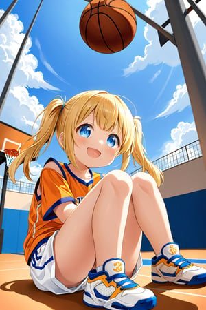 loli, happy_face, yellow hair, down_view, twin_tails, blue_eyes, basketball, orange shirt, white shorts, sitting_down