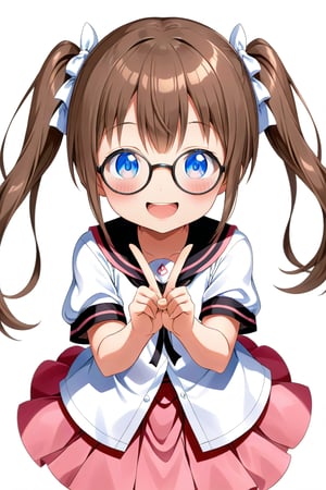 loli, brown hair, happy_face, front_view, twin_tails, blue_eyes, movie, white shirt, pink skirt, black glasses, peace_gesture