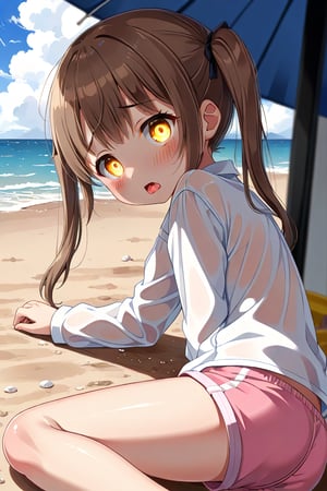 loli hypnotized, sad_face, yellow eyes, brown hair, side_view, twin_tails, rain beach, white shirt, pink short pants, lying, sticking_out_tongue