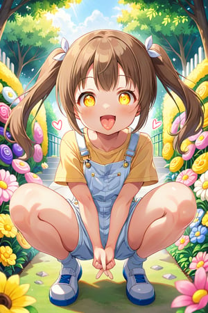 loli hypnotized, happy_face, yellow eyes, brown hair, front_view, twin_tails, flowers garden, yellow shirt, white overalls, squatting, peace fingers, sticking_out_tongue