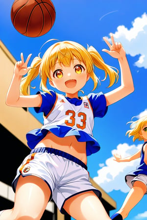 loli, happy_face, yellow hair, down_view, twin_tails, yellow_eyes, basketball, blue shirt, white shorts, jumping