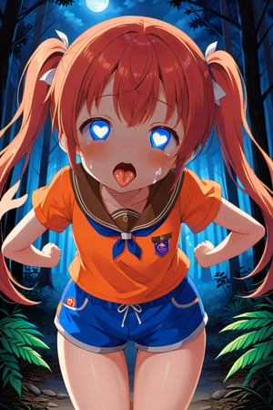 loli, cum face, front view, twin tails, red hair, night forest, scout , orange shirt, blue shorts, looking_at_viewer, heart_shaped_pupils, sticking_out_tongue