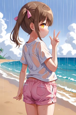 loli hypnotized, sad_face, yellow eyes, brown hair, side_view, twin_tails, rain beach, white shirt, pink short pants, peace fingers