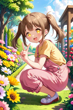 loli hypnotized, happy_face, yellow eyes, brown hair, side_view, twin_tails, flowers garden, yellow shirt, pink overalls, crouched, peace fingers, sticking_out_tongue