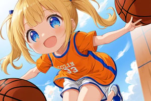 loli, happy_face, yellow hair, down_view, twin_tails, blue_eyes, basketball, orange shirt, white shorts, jumping