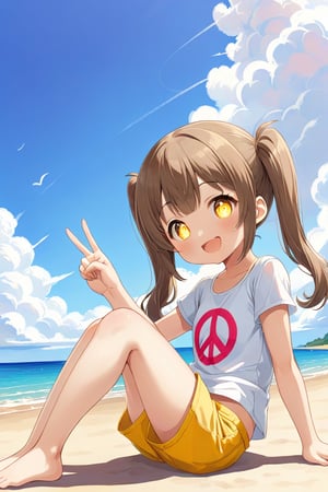 loli hypnotized, happy_face, yellow eyes, brown hair, side_view, twin_tails, beach, white shirt, yellow short pants, sitting, peace fingers