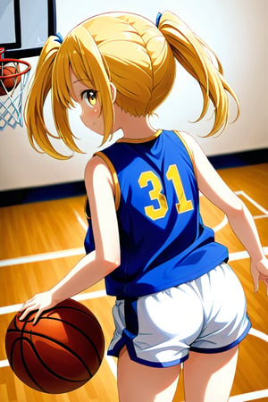 loli, happy_face, yellow hair, back_view, twin_tails, yellow_eyes, basketball, blue shirt, white shorts, looking_at_camera