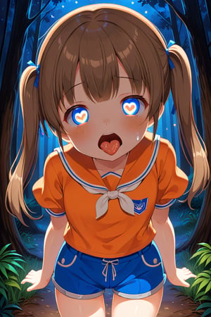 loli, cum face, front view, twin tails, brown hair, night forest, scout , orange shirt, blue shorts, looking_at_viewer, heart_shaped_pupils, sticking_out_tongue