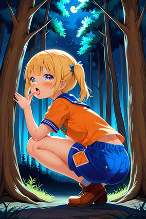 loli, cum face, sideview, twin tails, yellow hair, night forest, scout , orange shirt, blue shorts, looking_at_viewer, heart_shaped_pupils, sticking_out_tongue, squatting