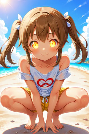 loli hypnotized, happy_face, yellow eyes, brown hair, front_view, twin_tails, beach, white shirt, yellow short pants, crouched, peace fingers