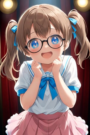 loli, brown hair, happy_face, front_view, twin_tails, blue_eyes, theather, white shirt, pink skirt, black glasses, lolling