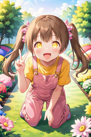 loli hypnotized, happy_face, yellow eyes, brown hair, front_view, twin_tails, flowers garden, yellow shirt, pink overalls, crouched, peace fingers, sticking_out_tongue