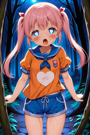 loli, cum face, front view, twin tails,pink hair, night forest, scout , orange shirt, blue shorts, looking_at_viewer, heart_shaped_pupils, sticking_out_tongue