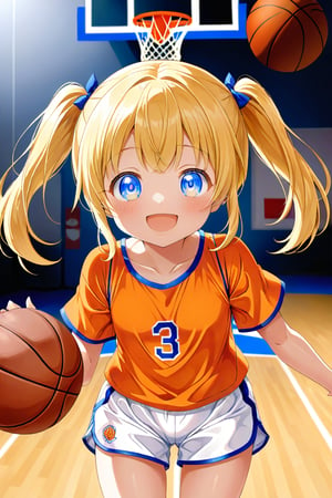 loli, happy_face, yellow hair, front_view, twin_tails, blue_eyes, basketball, orange shirt, white shorts, 