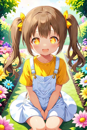 loli hypnotized, happy_face, yellow eyes, brown hair, front_view, twin_tails, flowers garden, yellow shirt, white overalls, sitting