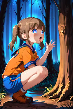 loli, cum face, sideview, twin tails, brown hair, night forest, scout , orange shirt, blue shorts, looking_at_viewer, heart_shaped_pupils, sticking_out_tongue, squatting