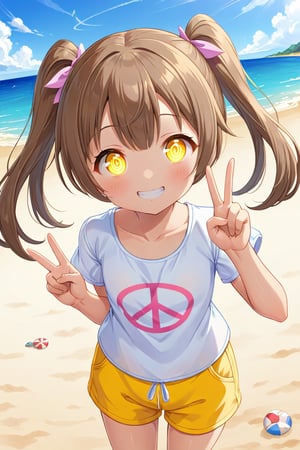 loli hypnotized, happy_face, yellow eyes, brown hair, side_view, twin_tails, beach, white shirt, yellow short pants, peace fingers