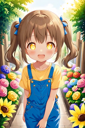 loli hypnotized, happy_face, yellow eyes, brown hair, front_view, twin_tails, flowers garden, yellow shirt, blue overalls, 