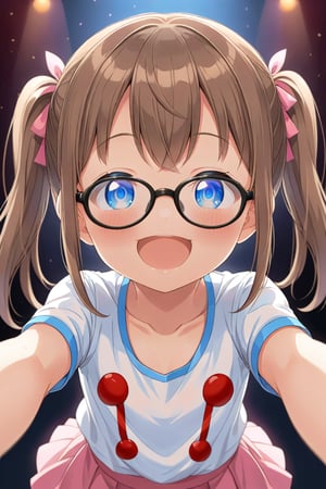 loli, brown hair, happy_face, front_view, twin_tails, blue_eyes, theather, white shirt, pink skirt, black glasses, lolling