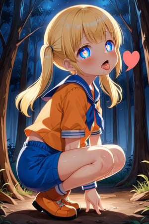 loli, cum face, sideview, twin tails, yellow hair, night forest, scout , orange shirt, blue shorts, looking_at_viewer, heart_shaped_pupils, sticking_out_tongue, squatting