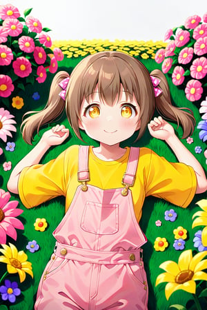 loli hypnotized, happy_face, yellow eyes, brown hair, front_view, twin_tails, flowers garden, yellow shirt, pink overalls, lying