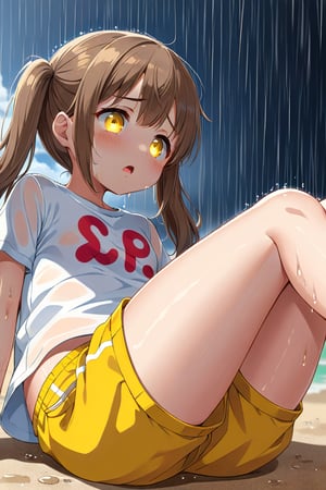 loli hypnotized, sad_face, yellow eyes, brown hair, side_view, twin_tails, rain beach, white shirt, yellow short pants, lying, sticking_out_tongue