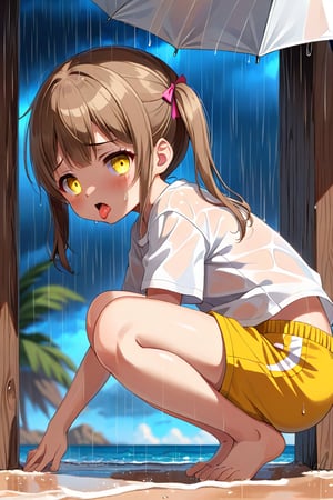 loli hypnotized, sad_face, yellow eyes, brown hair, side_view, twin_tails, rain beach, white shirt, yellow short pants, squatting, sticking_out_tongue, 